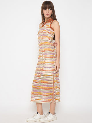 Madame Crochet Striped Side Slit Brown Bodycon Dress