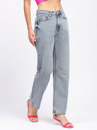 Madame Light Wash Embellished Light Blue Cotton Denim