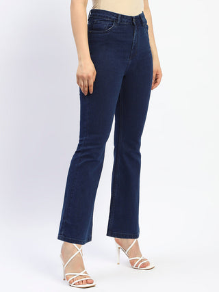 Madame Flared Solid Blue Cotton Blend Denim