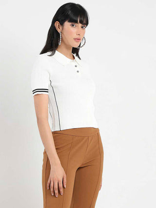 Madame Contrast Trim Polo Neck White Knitted T-shirt