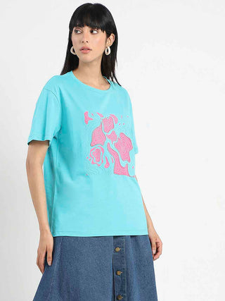 Madame Graphic Print Embellished Aqua Blue Sinker T-Shirt