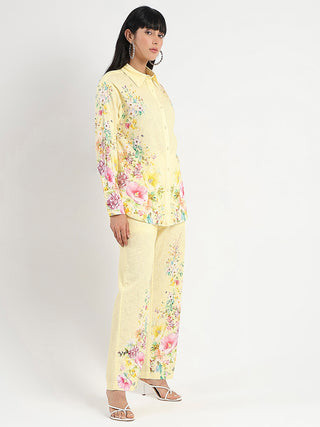 Madame Printed Shirt and Trousers Yellow Cotton Co-ord Set