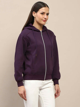 Madame Fleece Cut And Sew Detailed Zipped Purple Hoodie