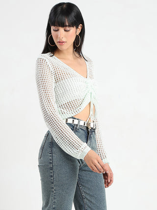 Madame Semi Sheer Drawstring Mint Green Knitted Crop Top