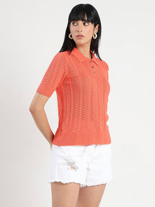 Madame Openwork Detail Textured Coral Orange Cotton Knitted Top