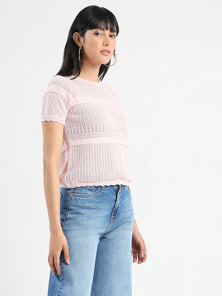 Madame Semi Sheer Knitted Cotton Blend Pink Top
