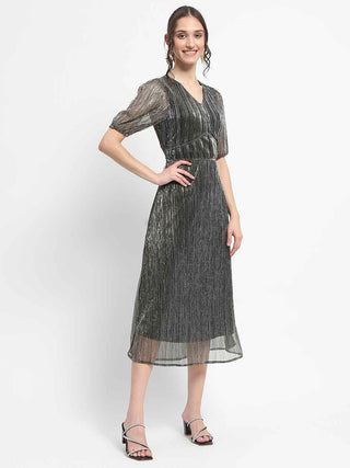 Madame Shimmery Corset Detailed Puff Sleeved Black Midi Dress