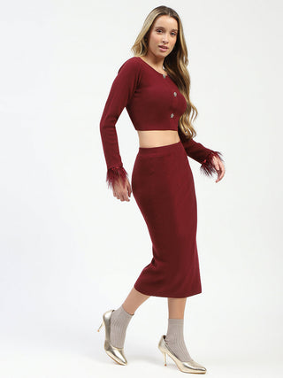 Madame Fur Sleeve Bodycon Wine Red Knit Co-ord Set