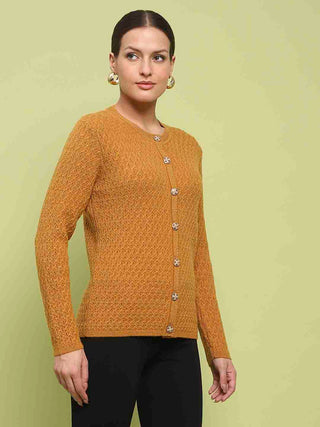 Madame Glossy Buttoned Cable Knit Mustard Yellow Cardigan