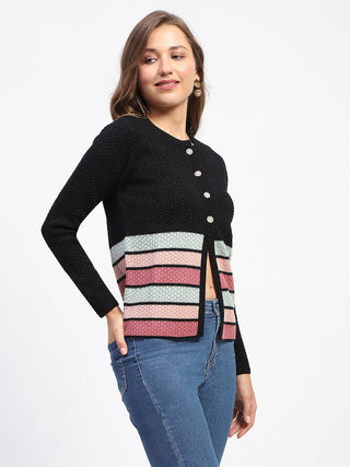 Madame Black Striped Buttoned Cardigan