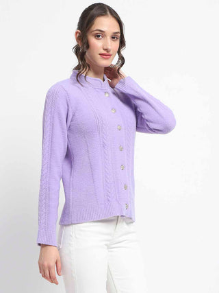 Madame Button Down Cable Knit Solid Lilac Cardigan