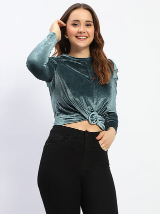 Madame Wrap Detailed Puff Sleeve Teal Top