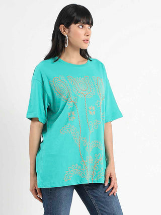 Madame Graphic Print Half Sleeve Peacock Green Cotton T-Shirt
