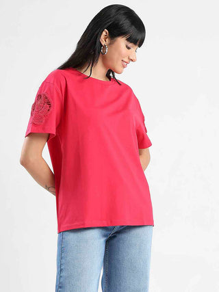 Madame Embroidered Sleeve Solid Red Cotton T-Shirt