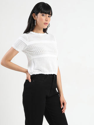 Madame Semi Sheer Knitted Cotton Blend White Top