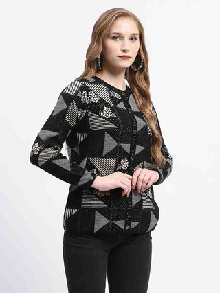 Madame Geometric Patterned Black and Grey Cardigan