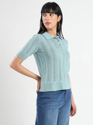 Madame Openwork Detail Textured Jade Green Cotton Knitted Top