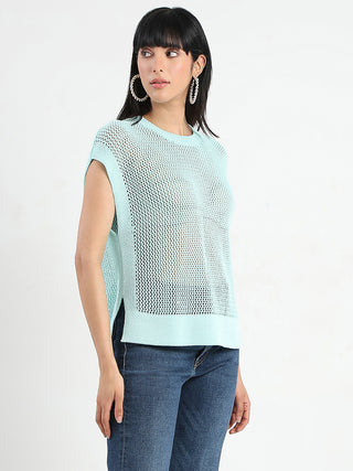 Madame Open Knit Side Slits Mint Green Top