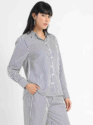 Madame Striped Navy Blue Cotton Blend Shirt