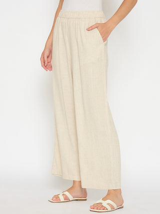 Madame Straight Fit Solid Beige Rayon Blend Trousers