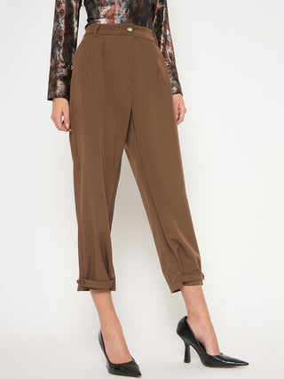 Madame Buckled Hem Warm Tan Rayon Blend Trousers