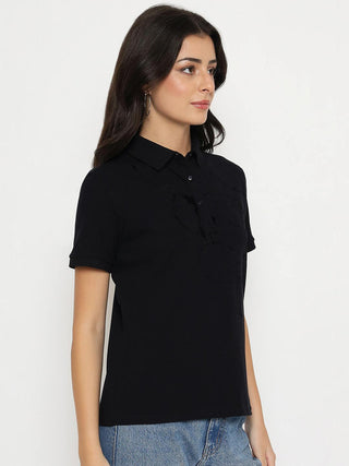 Madame Solid Black Cotton Blend T-Shirt