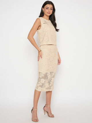 Madame Shanaya Kapoor Floral Lace Top and Midi Skirt Beige Co-ord Set