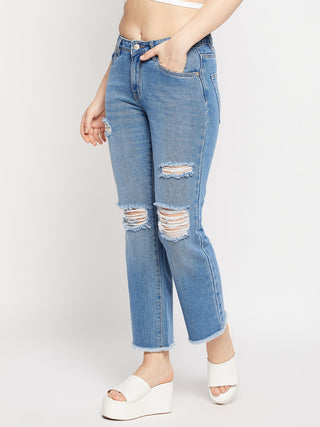 Madame Ripped Mid-Rise Double Wash Cropped Straight Fit Jeans