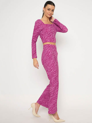 Madame Animal Print Zipped Top and Flared Bottom Pink Co-Ord Set