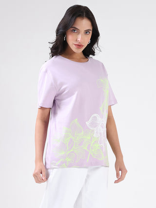 Madame Graphic Print Cord Detailed Lilac Sinker T-Shirt