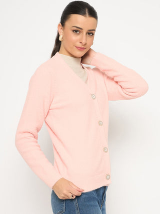 Madame V Neck Solid Peach Cardigan