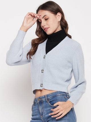 Madame Solid Powder Blue V-Neck Crop Cardigan