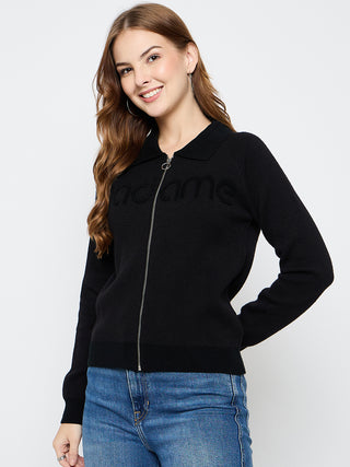 Madame Embroidered Zipped Black Sweater