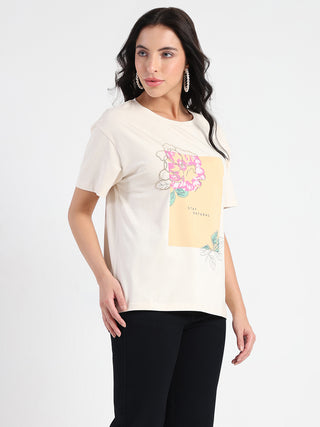 Madame Graphic Print Beige Cotton Blend T-shirt