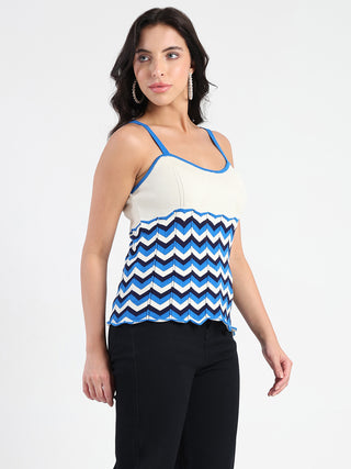 Madame Sleeveless Chevron Pattern Ribbed Trim Knit Top
