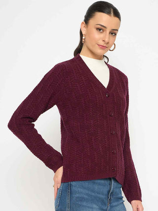 Madame Cable Knit V Neck Wine Cardigan