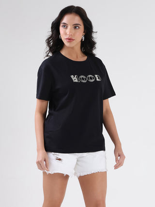 Madame Embellished Pocket Typography Black Cotton T-shirt