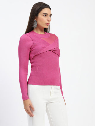 Madame Shimmery Mock Neck Wrap Hot Pink Sweater