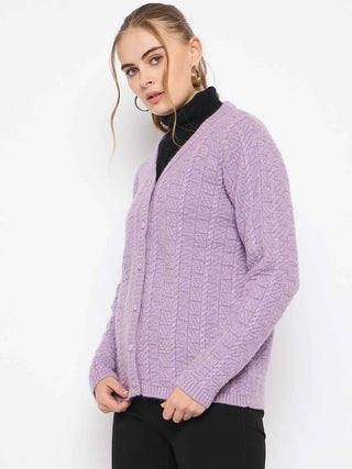 Madame Cable Knit V- Neck Buttoned Lilac Cardigan