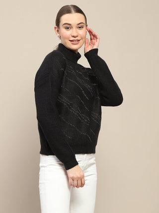Madame Self Design Black Turtleneck Sweater