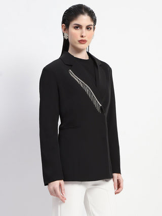 Madame Chain Adorned Notched Lapel Neckline Black Blazer