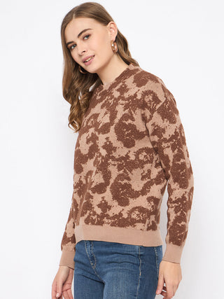 Madame Printed Crew Neck Tan Sweater