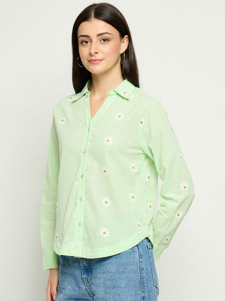 Madame Floral Embroidery Green Cotton Shirt