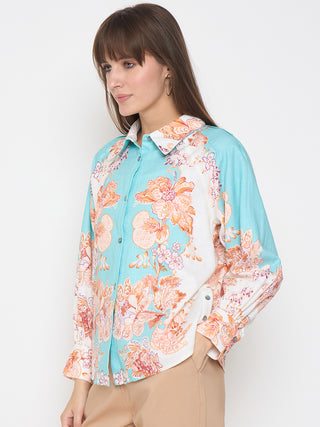 Madame Floral Print Colorblock Blue Shirt