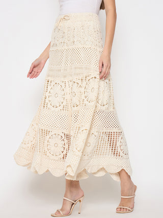 Madame Cotton Crochet Lace Tiered Beige Maxi Skirt