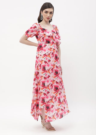 Madame Sweetheart Neck Hot Pink Floral Maxi Dress