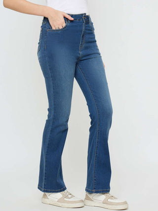 Madame Cotton Blend Stone Wash Mid Blue Flared Jeans