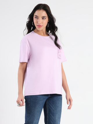 Madame Pocket Detailed Solid Mauve Cotton Blend T-shirt