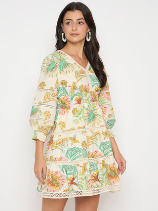 Madame Shanaya Kapoor Floral Print Tiered Off White Mini Dress