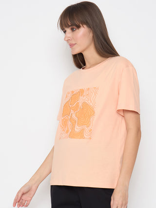 Madame Graphic Print Embellished Peach Sinker Tshirt
